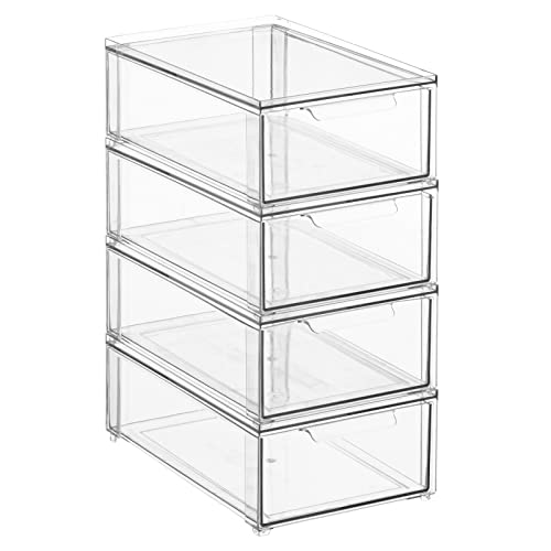 mDesign Plastic Stackable Kitchen Storage Organizer Bin Containers with Front Pull Drawer for Cabinet, Pantry, Fridge, Freezer, Shelf, Refrigerator Organization - Lumiere Collection - 4 Pack - Clear