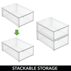 mDesign Plastic Stackable Kitchen Storage Organizer Bin Containers with Front Pull Drawer for Cabinet, Pantry, Fridge, Freezer, Shelf, Refrigerator Organization - Lumiere Collection - 4 Pack - Clear