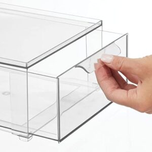 mDesign Plastic Stackable Kitchen Storage Organizer Bin Containers with Front Pull Drawer for Cabinet, Pantry, Fridge, Freezer, Shelf, Refrigerator Organization - Lumiere Collection - 4 Pack - Clear