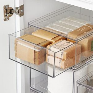 mDesign Plastic Stackable Kitchen Storage Organizer Bin Containers with Front Pull Drawer for Cabinet, Pantry, Fridge, Freezer, Shelf, Refrigerator Organization - Lumiere Collection - 4 Pack - Clear