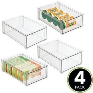 mDesign Plastic Stackable Kitchen Storage Organizer Bin Containers with Front Pull Drawer for Cabinet, Pantry, Fridge, Freezer, Shelf, Refrigerator Organization - Lumiere Collection - 4 Pack - Clear