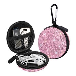 savori earphone case earbuds small carrying cases bling rhinestone crystal portable headphone organizer storage pouch bag with carabiner 1 pack (pink)