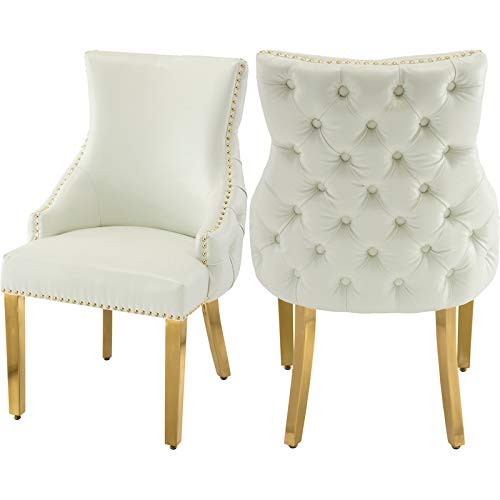 Meridian Furniture 730White-C Collection Modern | Contemporary Faux Leather Upholstered Dining Chair with Tufted Back and Gold Sturdy Stainless Steel Legs, Set of 2, 24" W x 25.5" D x 37.5" H, White