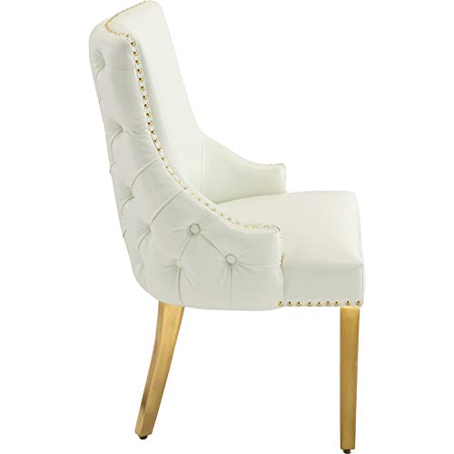 Meridian Furniture 730White-C Collection Modern | Contemporary Faux Leather Upholstered Dining Chair with Tufted Back and Gold Sturdy Stainless Steel Legs, Set of 2, 24" W x 25.5" D x 37.5" H, White