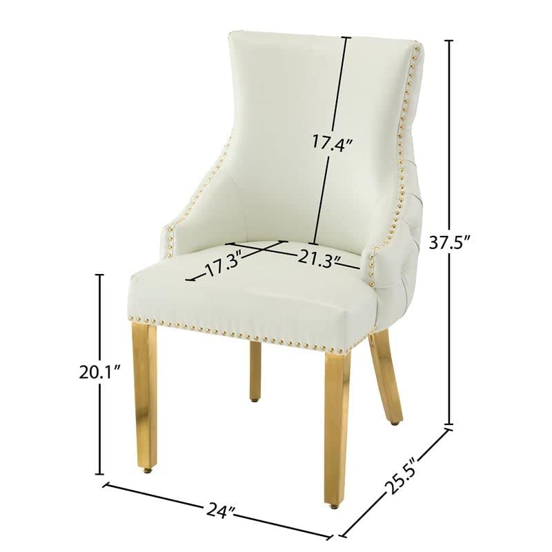 Meridian Furniture 730White-C Collection Modern | Contemporary Faux Leather Upholstered Dining Chair with Tufted Back and Gold Sturdy Stainless Steel Legs, Set of 2, 24" W x 25.5" D x 37.5" H, White