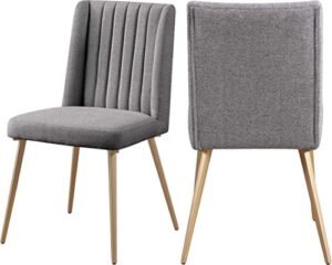 meridian furniture eleanor collection modern | contemporary linen upholstered dining chair with channel tufted wing back and brushed gold legs, set of 2, 20" w x 23.5" d x 35.5" h, grey