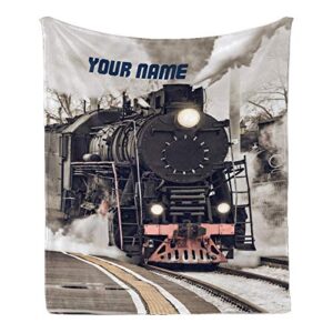 cuxweot custom blanket with name text,personalized retro steam train super soft fleece throw blanket for couch sofa bed (50 x 60 inches)