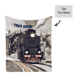 CUXWEOT Custom Blanket with Name Text,Personalized Retro Steam Train Super Soft Fleece Throw Blanket for Couch Sofa Bed (50 X 60 inches)