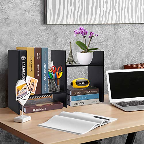 Hossejoy Adjustable Desktop Bookshelf Office Organizer Desk Storage Organizer Display Shelf Rack, Counter Top Bookcase, Black