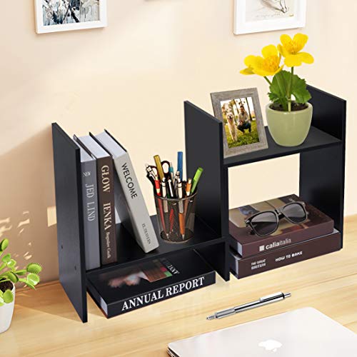 Hossejoy Adjustable Desktop Bookshelf Office Organizer Desk Storage Organizer Display Shelf Rack, Counter Top Bookcase, Black