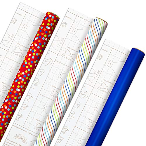 Hallmark Birthday Wrapping Paper with Templates for Handmade Bows on Reverse (3-Pack: 75 sq. ft. ttl) Royal Blue, Rainbow Stripes, Colorful Confetti