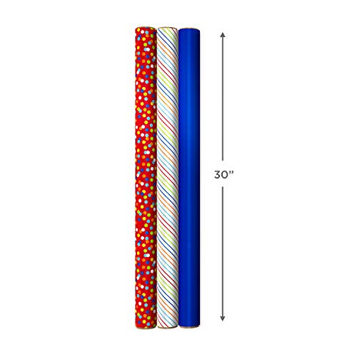 Hallmark Birthday Wrapping Paper with Templates for Handmade Bows on Reverse (3-Pack: 75 sq. ft. ttl) Royal Blue, Rainbow Stripes, Colorful Confetti