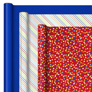 Hallmark Birthday Wrapping Paper with Templates for Handmade Bows on Reverse (3-Pack: 75 sq. ft. ttl) Royal Blue, Rainbow Stripes, Colorful Confetti