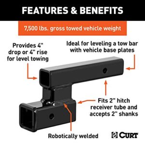 CURT 45798 Trailer Hitch Adapter, 2-Inch Receiver, 4-in Drop or Rise, 7,500 lbs , black