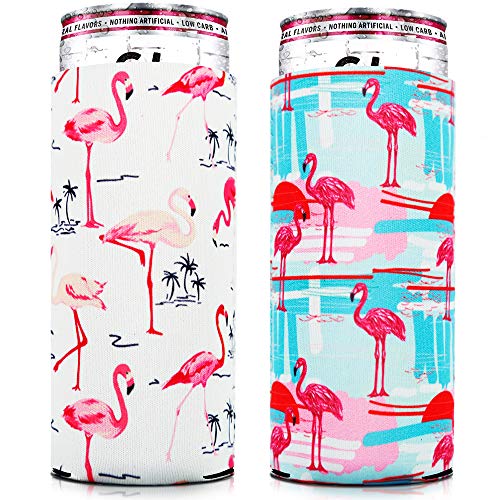 Skinny Can Cooler [ 2 Pack ] Slim Can Cooler for Slim Beer & Hard Seltzer, Skinny Beer Cans Coolie Skinny Insulators, Can Cooler Sleeve Flamingo