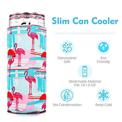 Skinny Can Cooler [ 2 Pack ] Slim Can Cooler for Slim Beer & Hard Seltzer, Skinny Beer Cans Coolie Skinny Insulators, Can Cooler Sleeve Flamingo