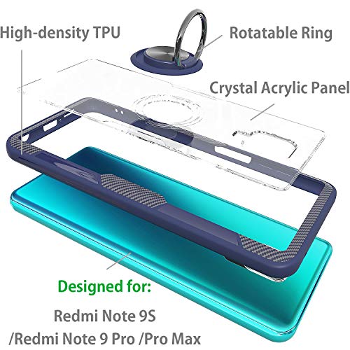 QSEEL for Xiaomi (Redmi Note 9S /Redmi Note 9 Pro/Redmi Note 9 Pro Max) Clear Ring Armor Case, Shockproof Cover Defender Combined with Soft TPU Rim, Crystal Acrylic Panel and Built-in Holder (Blue)