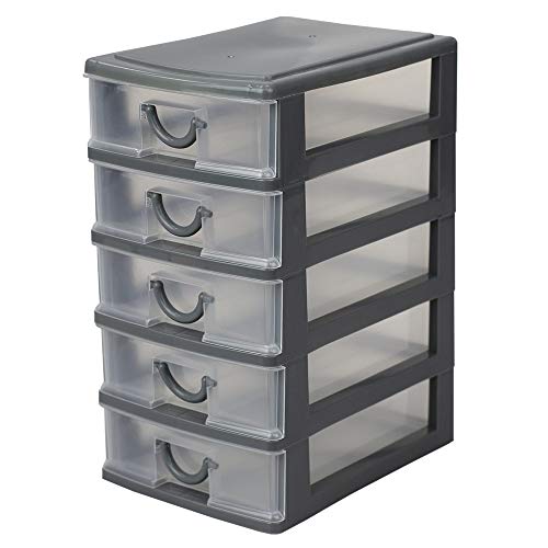 5-Tier Tall Drawer Organizer (Grey), By Home Basics | Bedroom, Office, and Bathroom Drawer Organizer With Easy Grab Handles | Stackable and Compact