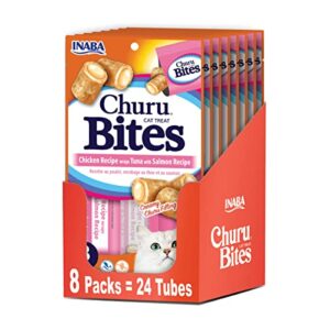inaba churu bites for cats, grain-free, soft/chewy baked chicken wrapped churu filled cat treats with vitamin e, 0.35 ounces each tube| 24 tubes total (3 per pack), tuna with salmon recipe