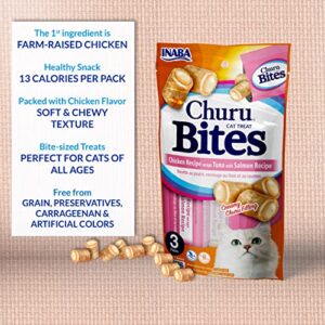 INABA Churu Bites for Cats, Grain-Free, Soft/Chewy Baked Chicken Wrapped Churu Filled Cat Treats with Vitamin E, 0.35 Ounces Each Tube| 24 Tubes Total (3 per Pack), Tuna with Salmon Recipe