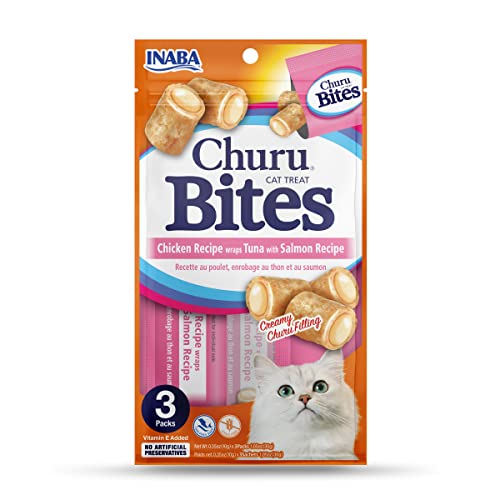 INABA Churu Bites for Cats, Grain-Free, Soft/Chewy Baked Chicken Wrapped Churu Filled Cat Treats with Vitamin E, 0.35 Ounces Each Tube| 24 Tubes Total (3 per Pack), Tuna with Salmon Recipe