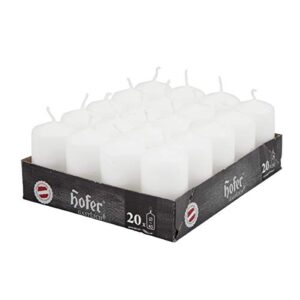 hofer white pillar candles - set of 20 unscented small candles in bulk - 1.57 x 2.76 inch - 11 hours long burning decorative candles - dripless wax - smokeless wick - ral quality - made in austria