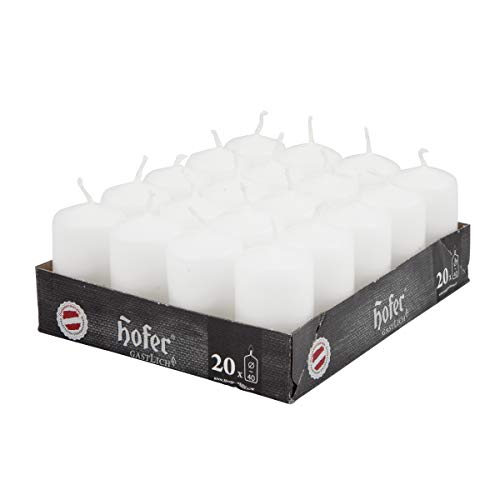 Hofer White Pillar Candles - Set of 20 Unscented Small Candles in Bulk - 1.57 x 2.76 Inch - 11 Hours Long Burning Decorative Candles - Dripless Wax - Smokeless Wick - RAL Quality - Made in Austria