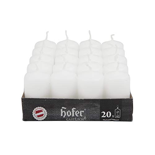 Hofer White Pillar Candles - Set of 20 Unscented Small Candles in Bulk - 1.57 x 2.76 Inch - 11 Hours Long Burning Decorative Candles - Dripless Wax - Smokeless Wick - RAL Quality - Made in Austria