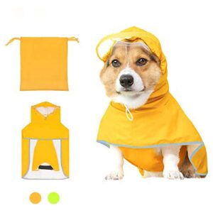 dog raincoat with hood for medium dog,luccalily waterproof dog rain jacket with reflective strip adjustable belly strap lightweight poncho with storage bag (medium, yellow)