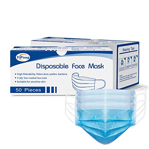 50pcs Disposable Face Masks, 3 Ply Safety Masks with Elastic Earloops and Adjustable Nose-bridge, Blue Breathable Mouth Masks for Protection against Air Pollution, Dust, Pollen