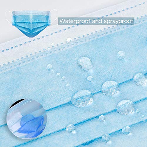 50pcs Disposable Face Masks, 3 Ply Safety Masks with Elastic Earloops and Adjustable Nose-bridge, Blue Breathable Mouth Masks for Protection against Air Pollution, Dust, Pollen