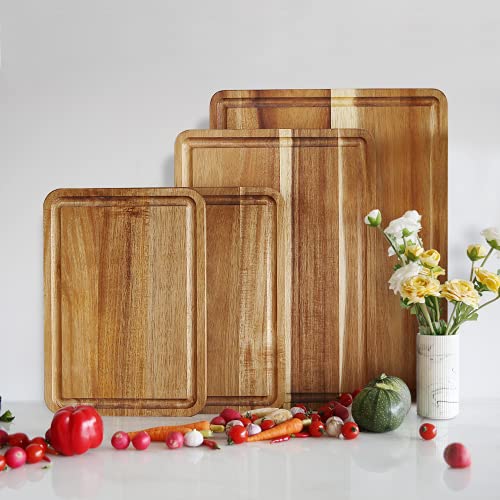 AZRHOM Large Wood Cutting Boards Set of 4 for Kitchen Cheese Charcuterie Board (Gift Box Included) Acacia Butcher Block with Non-slip Mats, Juice Groove and Handles (16x12, 14x10, double 11x8 inch)