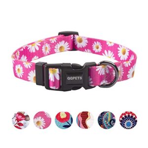qqpets adjustable soft dog collar: print flower pink multicolor cute patterns for xs small medium large pet girl boy puppy walking running training (m, small daisies)