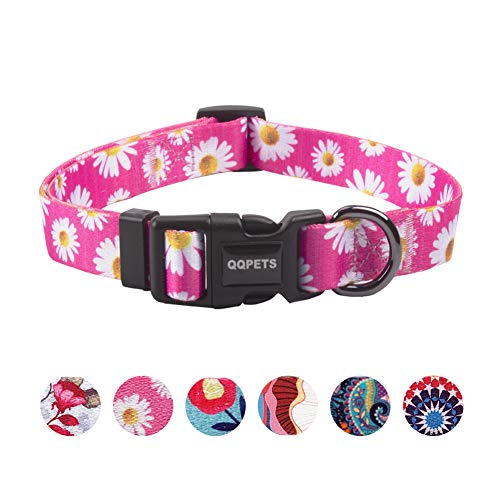 QQPETS Adjustable Soft Dog Collar: Print Flower Pink Multicolor Cute Patterns for XS Small Medium Large Pet Girl Boy Puppy Walking Running Training (M, Small Daisies)