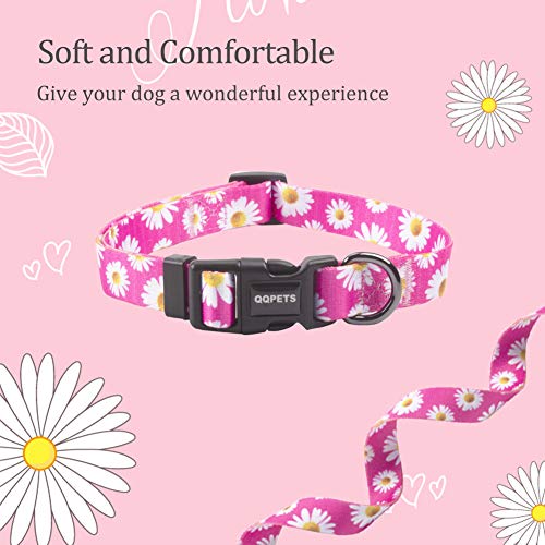 QQPETS Adjustable Soft Dog Collar: Print Flower Pink Multicolor Cute Patterns for XS Small Medium Large Pet Girl Boy Puppy Walking Running Training (M, Small Daisies)