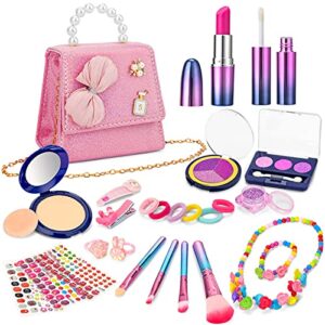 balnore 27 pcs girl pretend makeup for toddlers - toddler makeup kit with purse | pink make up for kids, birthday for girls 3 4 5 years old