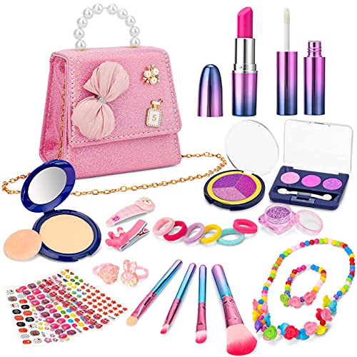 balnore 27 Pcs Girl Pretend Makeup for Toddlers - Toddler Makeup Kit with Purse | Pink Make up for Kids, Birthday for Girls 3 4 5 Years Old