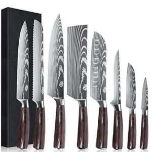 kepeak kitchen knife sets 8 piece, 3.5-8 inch chef knives high carbon stainless steel, pakkawood handle, ultra sharp cooking knife for vegetable meat fruit