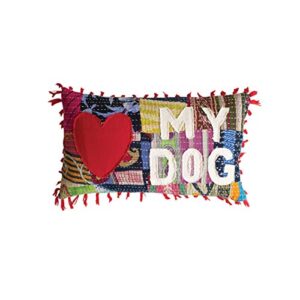 Love My Dog Kantha Throw Pillow Soft Patchwork Multicolor Red Tassel Rectangle