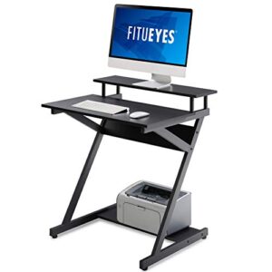 fitueyes computer desk for small spaces,27.6" z-shaped compact study table with monitor & bottom shelves for home office, black