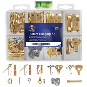 pickily 225 piece picture hanging kit photo hangers includes nails wire, screw eyes sawtooth hook for wall art mounting mini-gradient level heavy duty hardwire for home office use hanger supplies