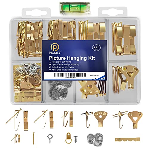 Pickily 225 Piece Picture Hanging Kit Photo Hangers Includes Nails Wire, Screw Eyes Sawtooth Hook for Wall Art Mounting Mini-Gradient Level Heavy Duty Hardwire for Home Office Use Hanger Supplies