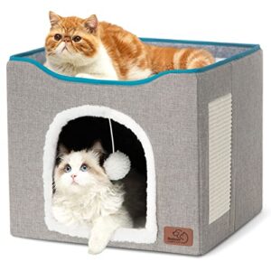 bedsure cat beds for indoor - large cat cave for pet house with fluffy ball hanging and scratch pad, foldable hideaway,16.5x16.5x14 inches, grey
