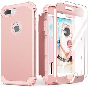 idweel iphone 8 plus case, iphone 7 plus case with tempered glass screen protector, 3 in 1 shockproof hybrid heavy duty protection hard pc cover soft silicone bumper full body durable case, rose gold