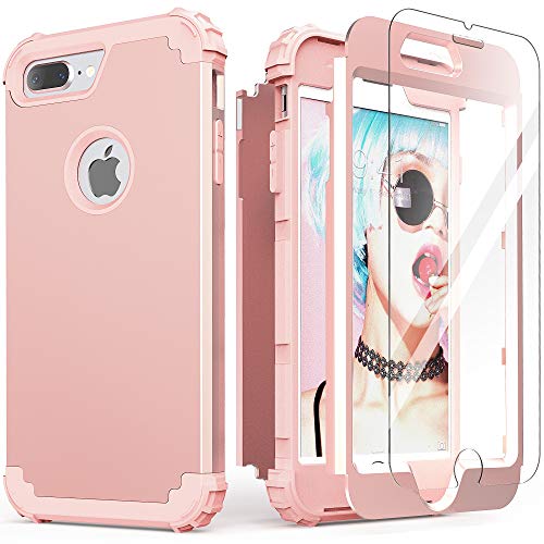 IDweel iPhone 8 Plus Case, iPhone 7 Plus Case with Tempered Glass Screen Protector, 3 in 1 Shockproof Hybrid Heavy Duty Protection Hard PC Cover Soft Silicone Bumper Full Body Durable Case, Rose Gold