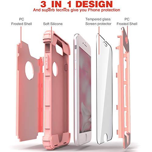 IDweel iPhone 8 Plus Case, iPhone 7 Plus Case with Tempered Glass Screen Protector, 3 in 1 Shockproof Hybrid Heavy Duty Protection Hard PC Cover Soft Silicone Bumper Full Body Durable Case, Rose Gold