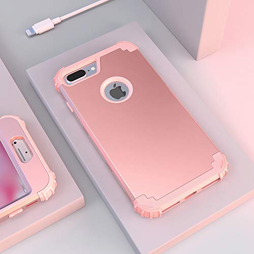 IDweel iPhone 8 Plus Case, iPhone 7 Plus Case with Tempered Glass Screen Protector, 3 in 1 Shockproof Hybrid Heavy Duty Protection Hard PC Cover Soft Silicone Bumper Full Body Durable Case, Rose Gold