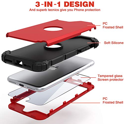 IDweel iPhone SE 2020 Case with Tempered Glass Screen Protector,iPhone SE 3 Case(3nd Gen 2022), 3 in 1 Shock Absorption Slim Heavy Duty Hard PC Cover Soft Silicone Bumper Full Body Durable Case,Red