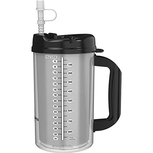 32 oz Double Walled Hospital Mug with Straw - Black Lid and Handle - Mugs N Coffee