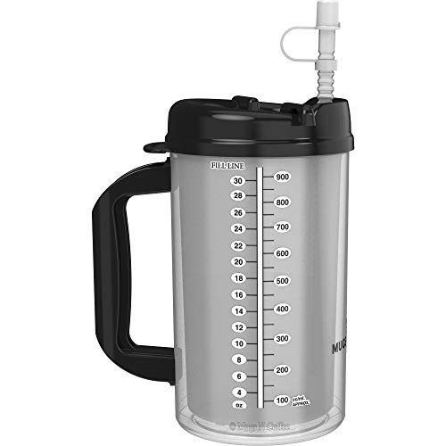 32 oz Double Walled Hospital Mug with Straw - Black Lid and Handle - Mugs N Coffee